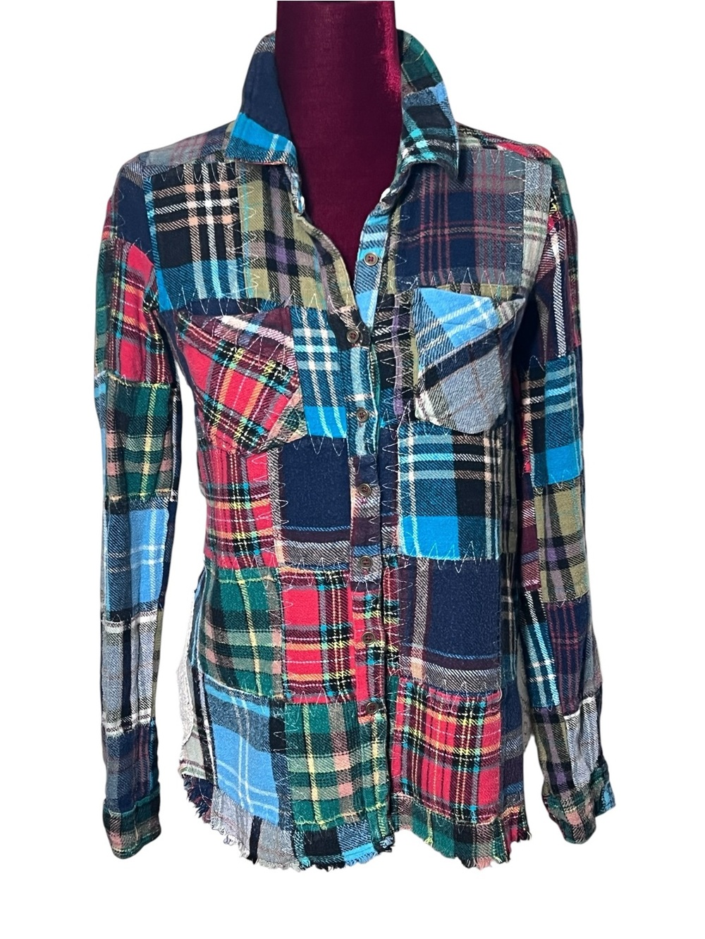 We The Free Flannel Patchwork Shirt XS Lost in Plaid Crochet Grunge Boho Frayed - Picture 4 of 16